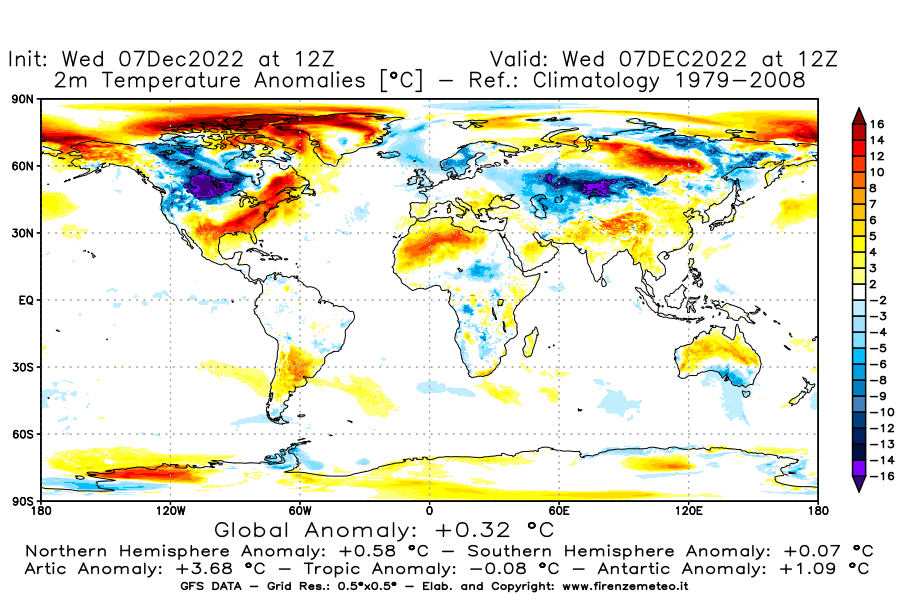 Mappa di analisi GFS - Anomalia Temperatura [°C] a 2 m in World
							del 07/12/2022 12 <!--googleoff: index-->UTC<!--googleon: index-->