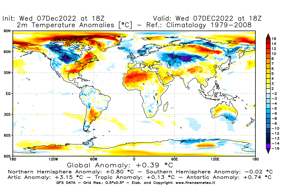 Mappa di analisi GFS - Anomalia Temperatura a 2 m in World
							del 7 dicembre 2022 z18
