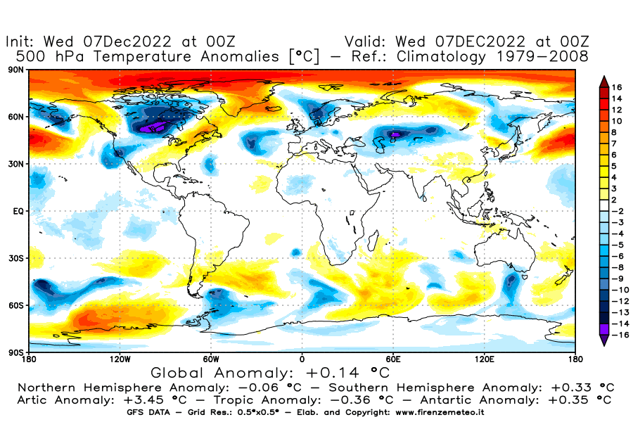 Mappa di analisi GFS - Anomalia Temperatura a 500 hPa in World
							del 7 dicembre 2022 z00