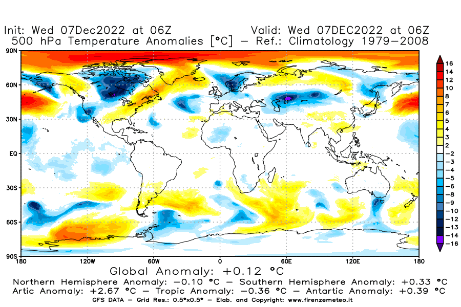 Mappa di analisi GFS - Anomalia Temperatura a 500 hPa in World
							del 7 dicembre 2022 z06
