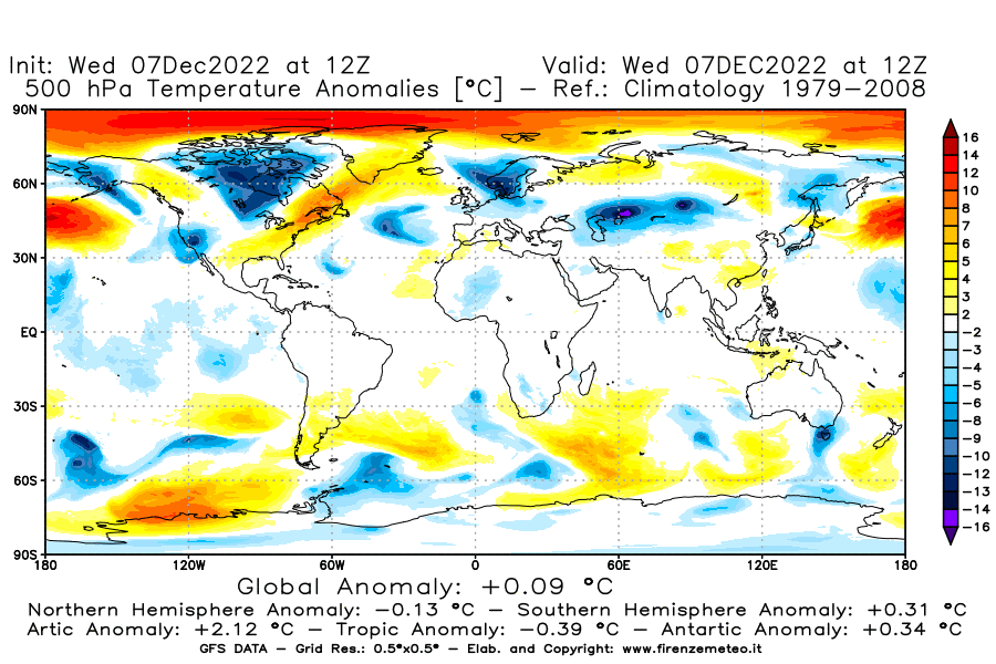 Mappa di analisi GFS - Anomalia Temperatura a 500 hPa in World
							del 7 dicembre 2022 z12