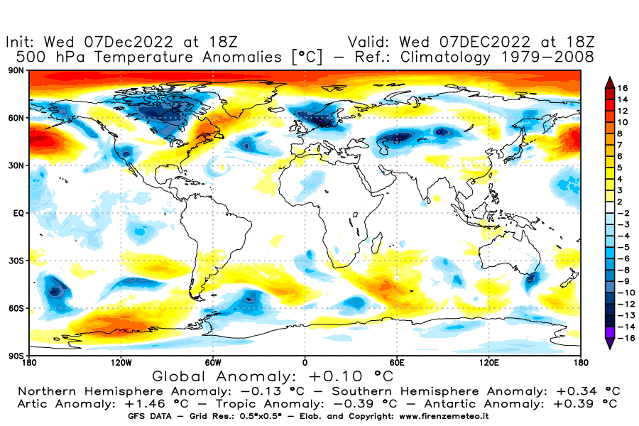 Mappa di analisi GFS - Anomalia Temperatura a 500 hPa in World
							del 7 dicembre 2022 z18