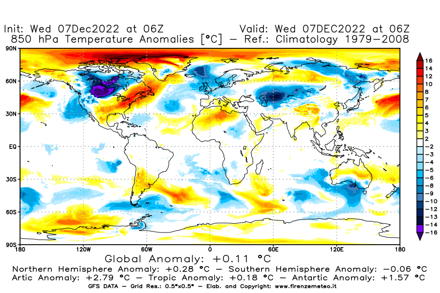 Mappa di analisi GFS - Anomalia Temperatura [°C] a 850 hPa in World
							del 07/12/2022 06 <!--googleoff: index-->UTC<!--googleon: index-->