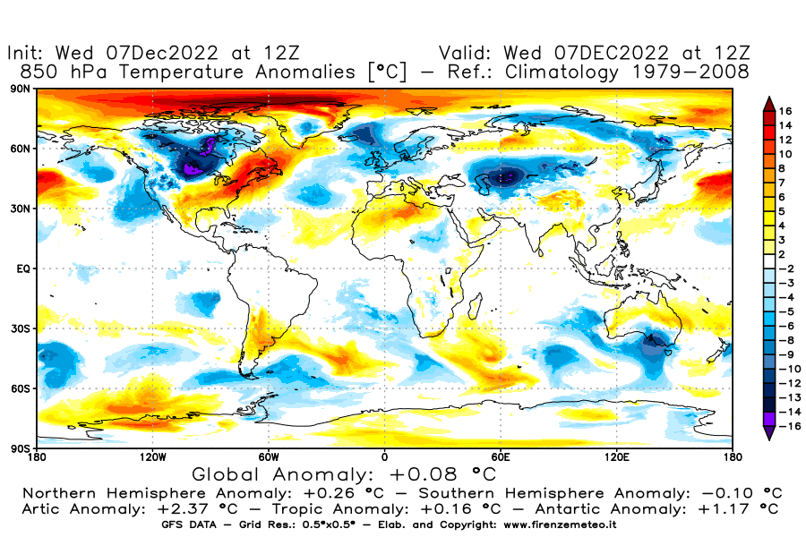 Mappa di analisi GFS - Anomalia Temperatura a 850 hPa in World
							del 7 dicembre 2022 z12