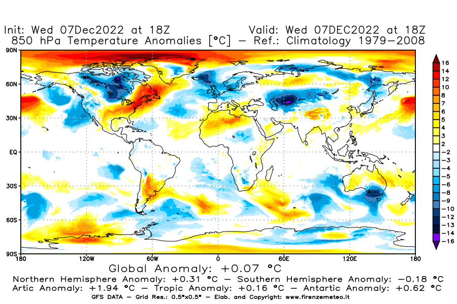 Mappa di analisi GFS - Anomalia Temperatura [°C] a 850 hPa in World
							del 07/12/2022 18 <!--googleoff: index-->UTC<!--googleon: index-->