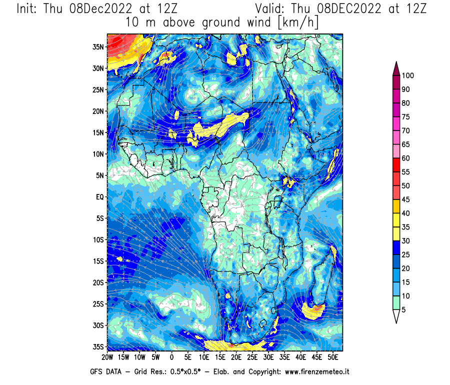Mappa di analisi GFS - Velocità del vento a 10 metri dal suolo [km/h] in Africa
							del 08/12/2022 12 <!--googleoff: index-->UTC<!--googleon: index-->