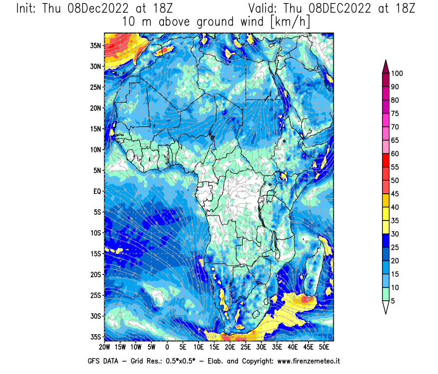 Mappa di analisi GFS - Velocità del vento a 10 metri dal suolo [km/h] in Africa
							del 08/12/2022 18 <!--googleoff: index-->UTC<!--googleon: index-->