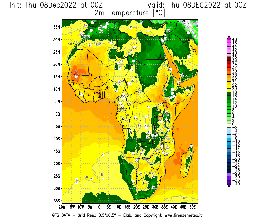 Mappa di analisi GFS - Temperatura a 2 metri dal suolo [°C] in Africa
							del 08/12/2022 00 <!--googleoff: index-->UTC<!--googleon: index-->