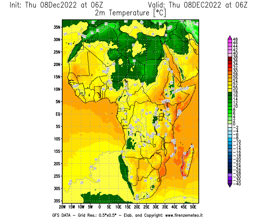 Mappa di analisi GFS - Temperatura a 2 metri dal suolo [°C] in Africa
							del 08/12/2022 06 <!--googleoff: index-->UTC<!--googleon: index-->