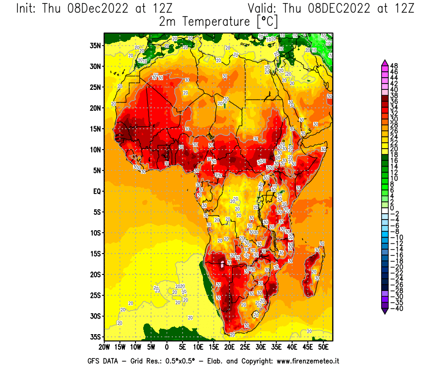 Mappa di analisi GFS - Temperatura a 2 metri dal suolo [°C] in Africa
							del 08/12/2022 12 <!--googleoff: index-->UTC<!--googleon: index-->