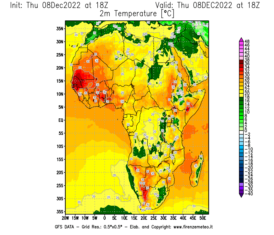 Mappa di analisi GFS - Temperatura a 2 metri dal suolo [°C] in Africa
							del 08/12/2022 18 <!--googleoff: index-->UTC<!--googleon: index-->