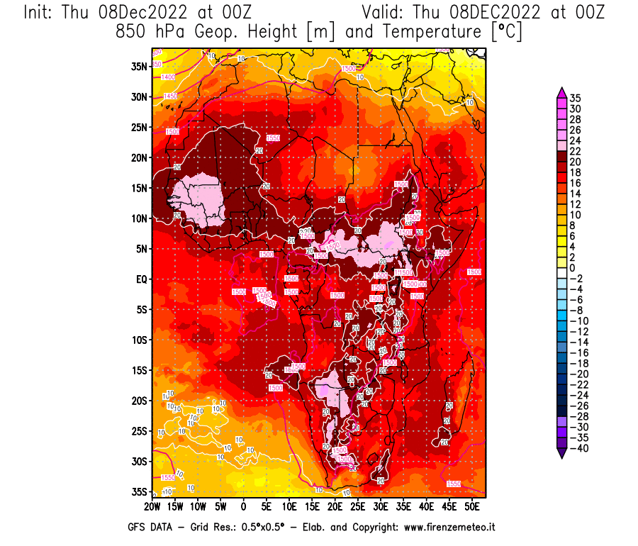 Mappa di analisi GFS - Geopotenziale [m] e Temperatura [°C] a 850 hPa in Africa
							del 08/12/2022 00 <!--googleoff: index-->UTC<!--googleon: index-->