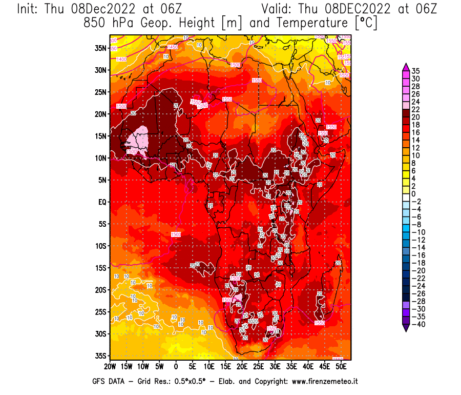 Mappa di analisi GFS - Geopotenziale [m] e Temperatura [°C] a 850 hPa in Africa
							del 08/12/2022 06 <!--googleoff: index-->UTC<!--googleon: index-->