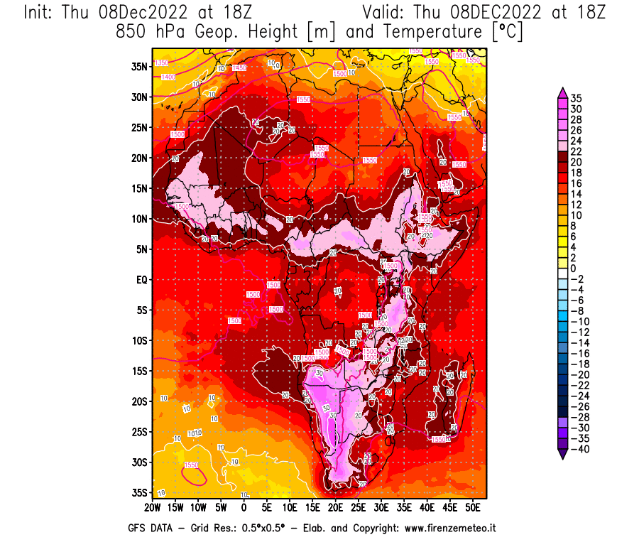 Mappa di analisi GFS - Geopotenziale [m] e Temperatura [°C] a 850 hPa in Africa
							del 08/12/2022 18 <!--googleoff: index-->UTC<!--googleon: index-->