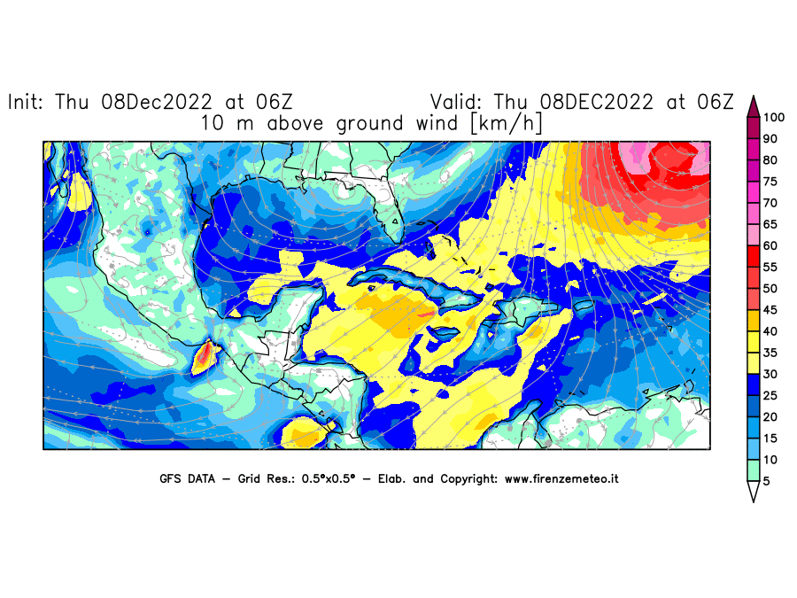 Mappa di analisi GFS - Velocità del vento a 10 metri dal suolo [km/h] in Centro-America
							del 08/12/2022 06 <!--googleoff: index-->UTC<!--googleon: index-->