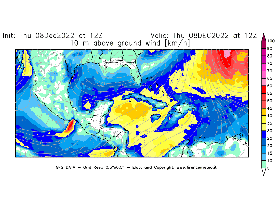 Mappa di analisi GFS - Velocità del vento a 10 metri dal suolo [km/h] in Centro-America
							del 08/12/2022 12 <!--googleoff: index-->UTC<!--googleon: index-->