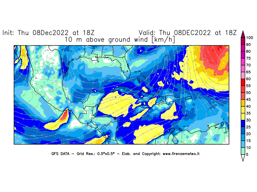 Mappa di analisi GFS - Velocità del vento a 10 metri dal suolo [km/h] in Centro-America
							del 08/12/2022 18 <!--googleoff: index-->UTC<!--googleon: index-->