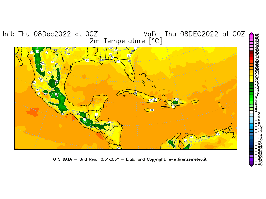 Mappa di analisi GFS - Temperatura a 2 metri dal suolo [°C] in Centro-America
							del 08/12/2022 00 <!--googleoff: index-->UTC<!--googleon: index-->