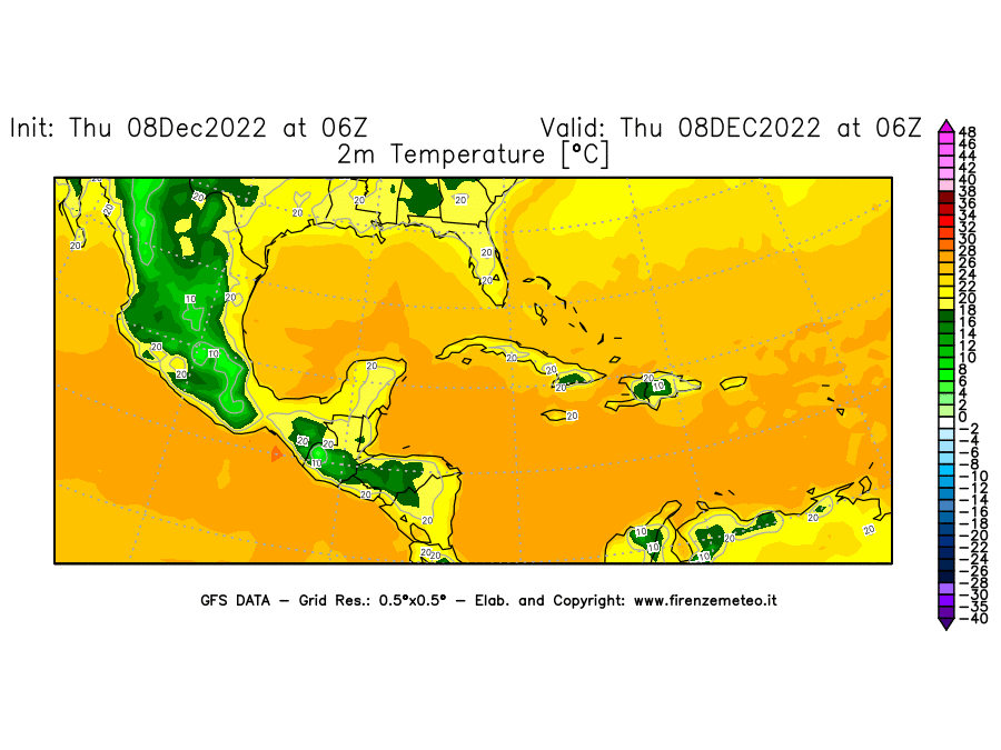 Mappa di analisi GFS - Temperatura a 2 metri dal suolo [°C] in Centro-America
							del 08/12/2022 06 <!--googleoff: index-->UTC<!--googleon: index-->
