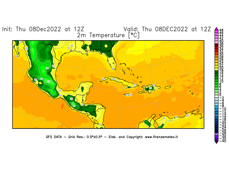 Mappa di analisi GFS - Temperatura a 2 metri dal suolo [°C] in Centro-America
							del 08/12/2022 12 <!--googleoff: index-->UTC<!--googleon: index-->