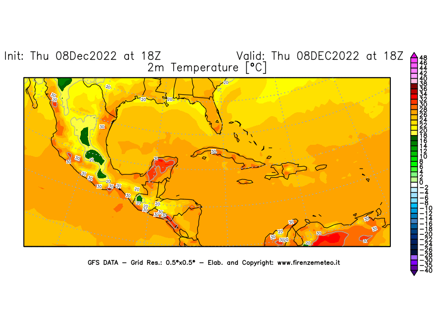 Mappa di analisi GFS - Temperatura a 2 metri dal suolo [°C] in Centro-America
							del 08/12/2022 18 <!--googleoff: index-->UTC<!--googleon: index-->