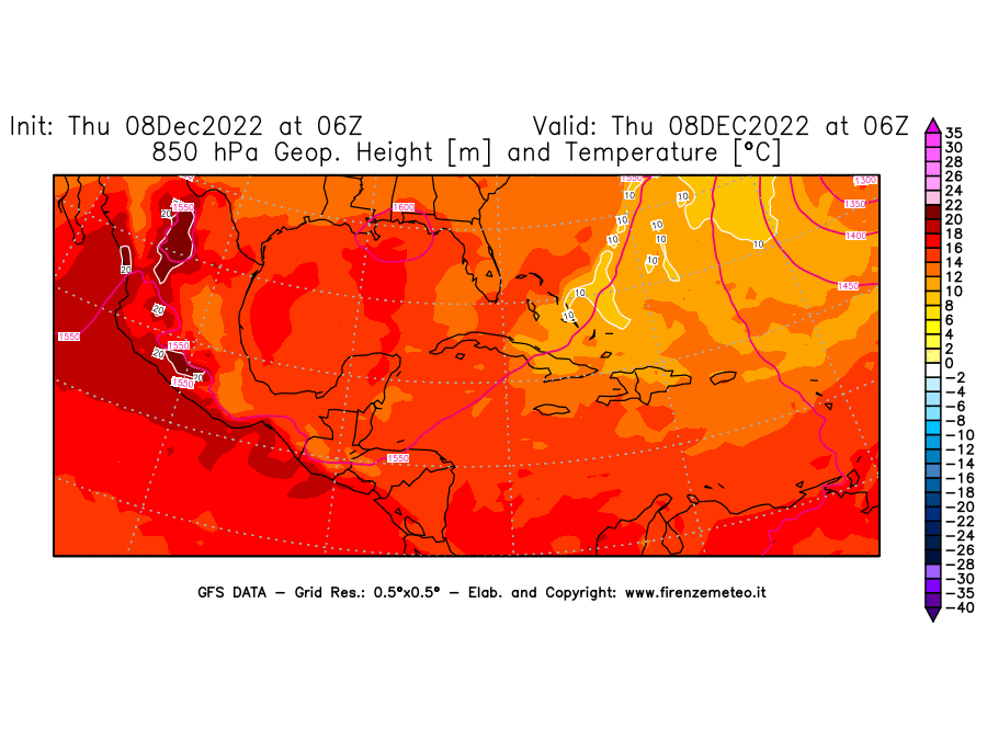 Mappa di analisi GFS - Geopotenziale [m] e Temperatura [°C] a 850 hPa in Centro-America
							del 08/12/2022 06 <!--googleoff: index-->UTC<!--googleon: index-->