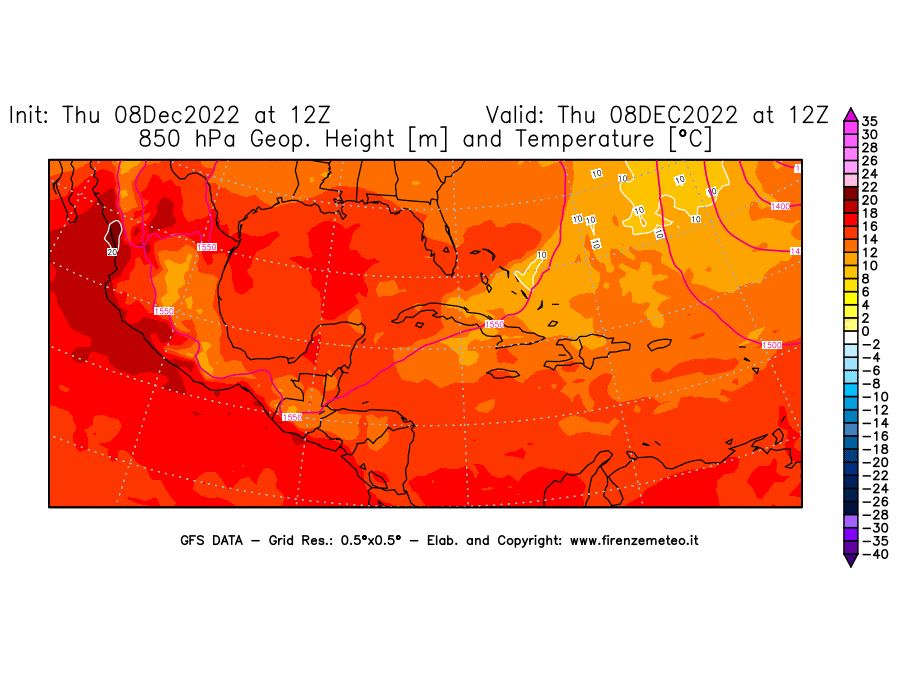 Mappa di analisi GFS - Geopotenziale [m] e Temperatura [°C] a 850 hPa in Centro-America
							del 08/12/2022 12 <!--googleoff: index-->UTC<!--googleon: index-->