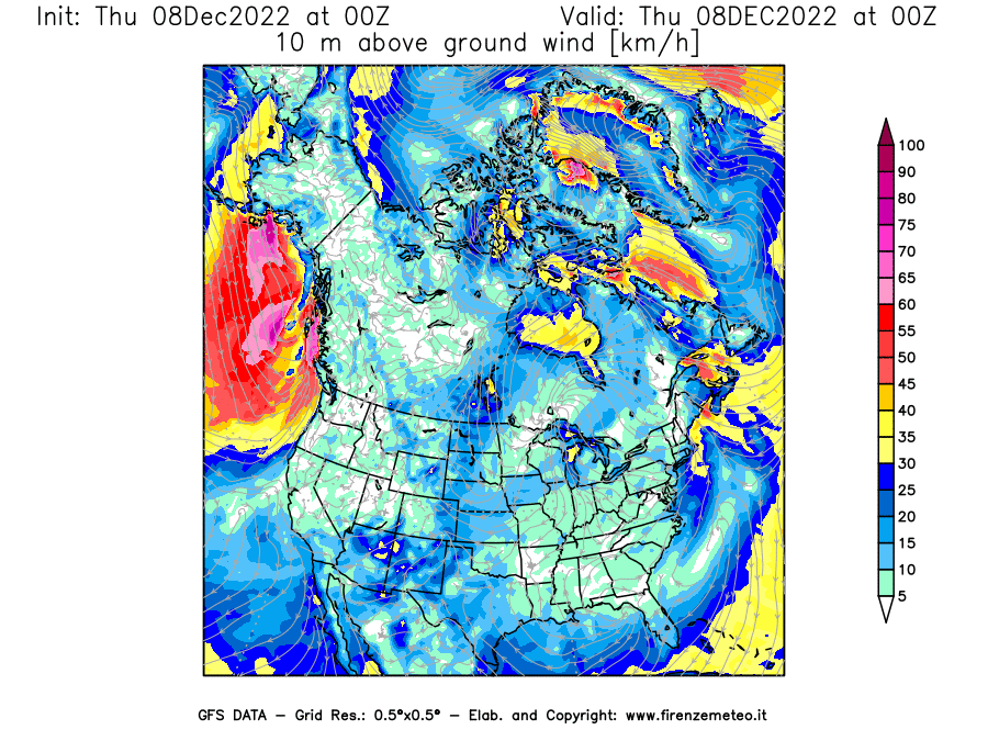 Mappa di analisi GFS - Velocità del vento a 10 metri dal suolo [km/h] in Nord-America
							del 08/12/2022 00 <!--googleoff: index-->UTC<!--googleon: index-->
