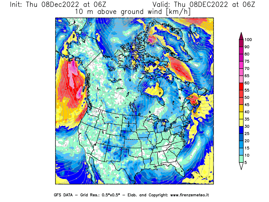 Mappa di analisi GFS - Velocità del vento a 10 metri dal suolo [km/h] in Nord-America
							del 08/12/2022 06 <!--googleoff: index-->UTC<!--googleon: index-->