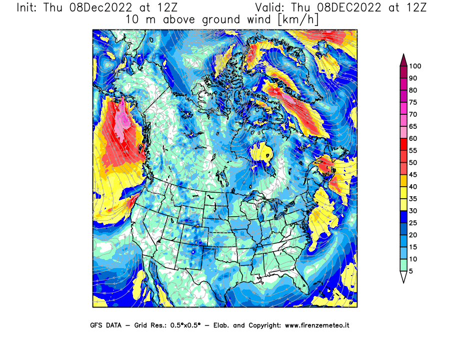 Mappa di analisi GFS - Velocità del vento a 10 metri dal suolo [km/h] in Nord-America
							del 08/12/2022 12 <!--googleoff: index-->UTC<!--googleon: index-->
