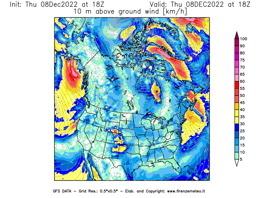 Mappa di analisi GFS - Velocità del vento a 10 metri dal suolo [km/h] in Nord-America
							del 08/12/2022 18 <!--googleoff: index-->UTC<!--googleon: index-->