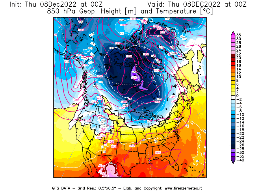 Mappa di analisi GFS - Geopotenziale [m] e Temperatura [°C] a 850 hPa in Nord-America
							del 08/12/2022 00 <!--googleoff: index-->UTC<!--googleon: index-->