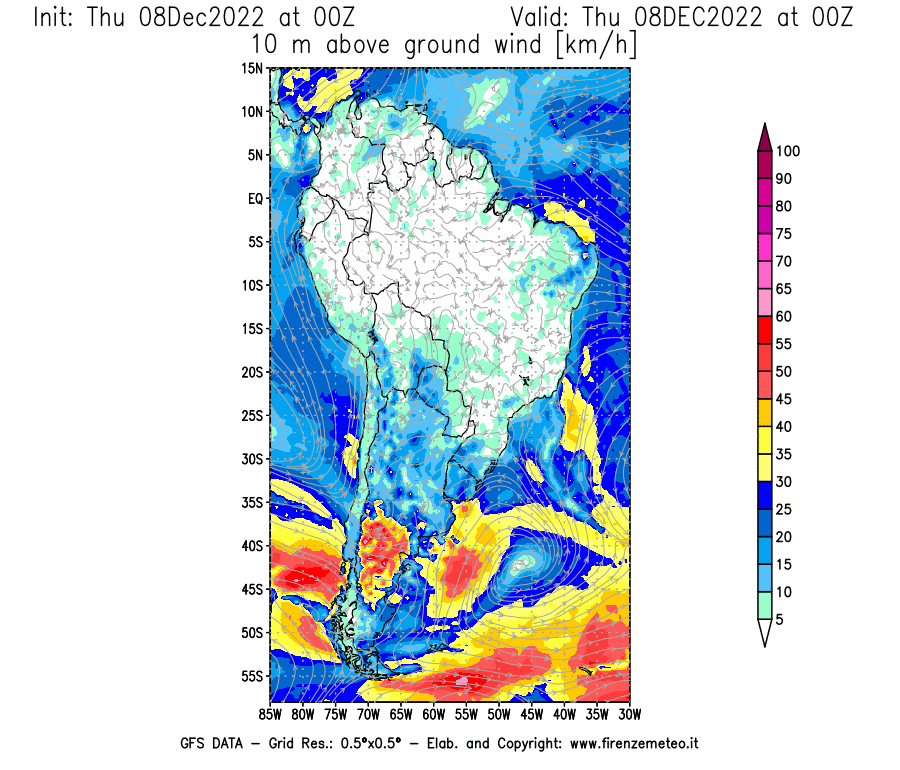 Mappa di analisi GFS - Velocità del vento a 10 metri dal suolo [km/h] in Sud-America
							del 08/12/2022 00 <!--googleoff: index-->UTC<!--googleon: index-->