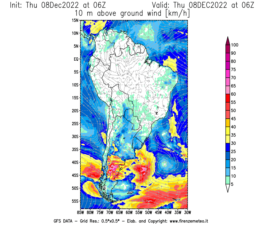Mappa di analisi GFS - Velocità del vento a 10 metri dal suolo [km/h] in Sud-America
							del 08/12/2022 06 <!--googleoff: index-->UTC<!--googleon: index-->