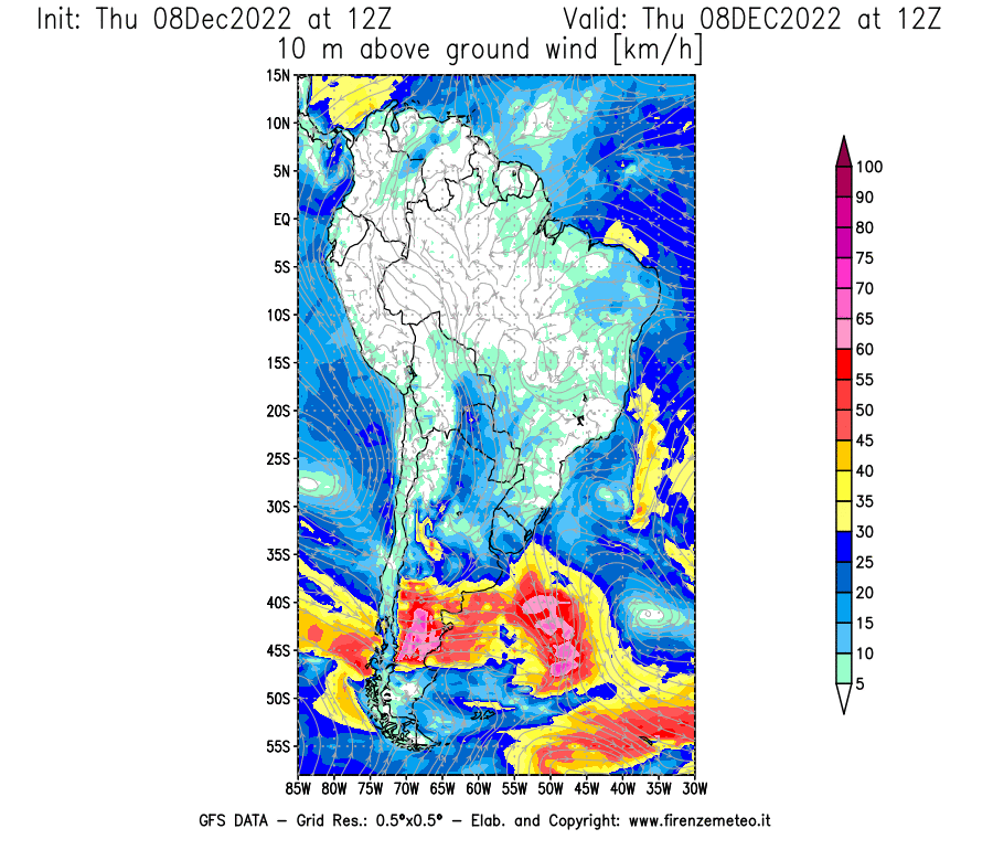 Mappa di analisi GFS - Velocità del vento a 10 metri dal suolo [km/h] in Sud-America
							del 08/12/2022 12 <!--googleoff: index-->UTC<!--googleon: index-->