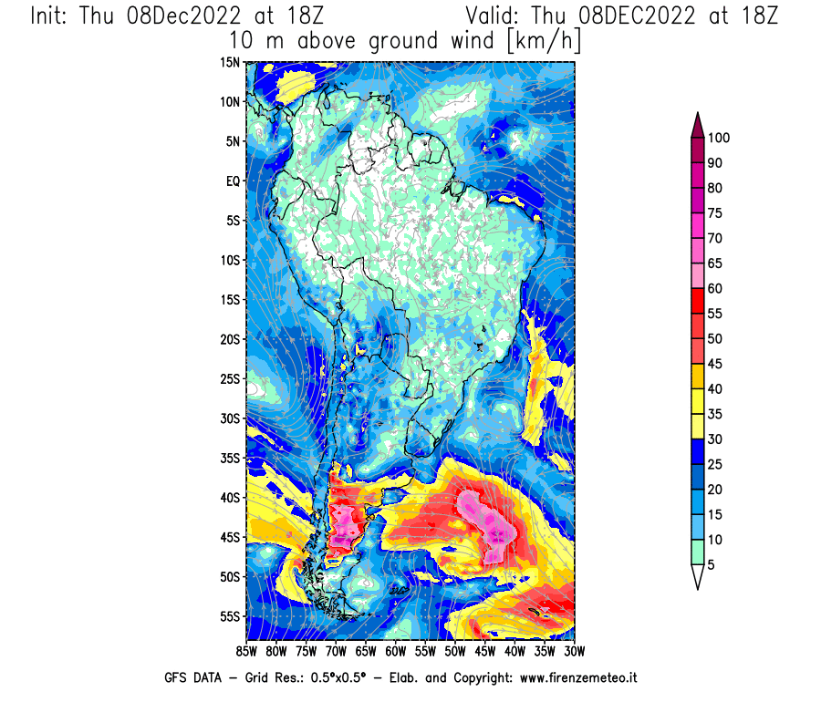 Mappa di analisi GFS - Velocità del vento a 10 metri dal suolo [km/h] in Sud-America
							del 08/12/2022 18 <!--googleoff: index-->UTC<!--googleon: index-->