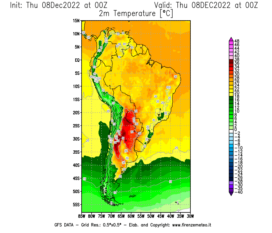 Mappa di analisi GFS - Temperatura a 2 metri dal suolo [°C] in Sud-America
							del 08/12/2022 00 <!--googleoff: index-->UTC<!--googleon: index-->