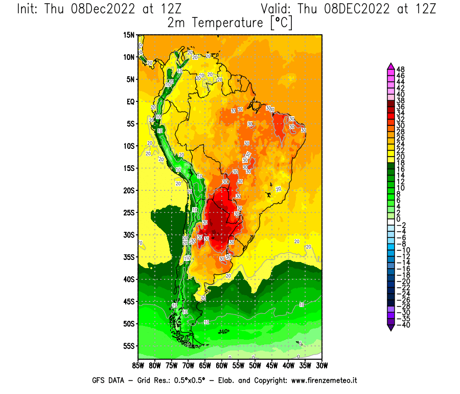 Mappa di analisi GFS - Temperatura a 2 metri dal suolo [°C] in Sud-America
							del 08/12/2022 12 <!--googleoff: index-->UTC<!--googleon: index-->