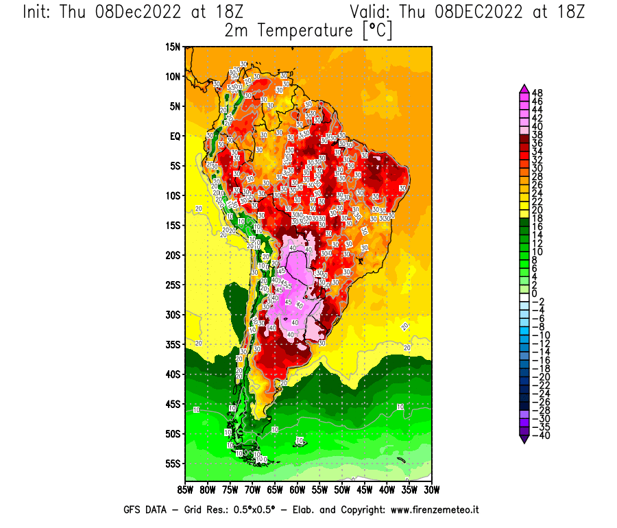 Mappa di analisi GFS - Temperatura a 2 metri dal suolo [°C] in Sud-America
							del 08/12/2022 18 <!--googleoff: index-->UTC<!--googleon: index-->