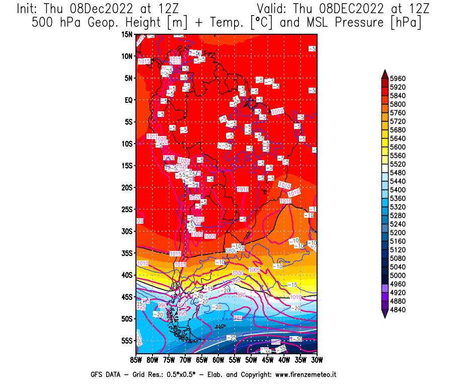 Mappa di analisi GFS - Geopotenziale [m] + Temp. [°C] a 500 hPa + Press. a livello del mare [hPa] in Sud-America
							del 08/12/2022 12 <!--googleoff: index-->UTC<!--googleon: index-->