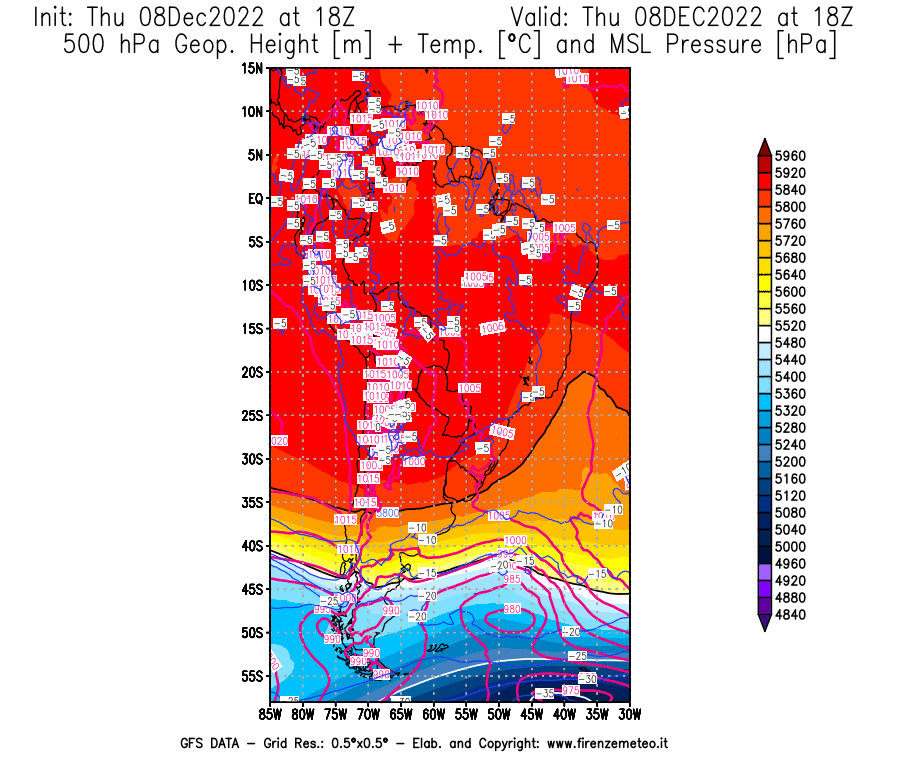 Mappa di analisi GFS - Geopotenziale [m] + Temp. [°C] a 500 hPa + Press. a livello del mare [hPa] in Sud-America
							del 08/12/2022 18 <!--googleoff: index-->UTC<!--googleon: index-->