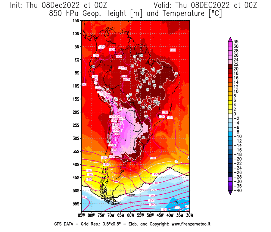 Mappa di analisi GFS - Geopotenziale [m] e Temperatura [°C] a 850 hPa in Sud-America
							del 08/12/2022 00 <!--googleoff: index-->UTC<!--googleon: index-->