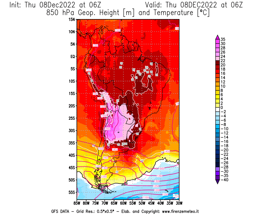 Mappa di analisi GFS - Geopotenziale [m] e Temperatura [°C] a 850 hPa in Sud-America
							del 08/12/2022 06 <!--googleoff: index-->UTC<!--googleon: index-->