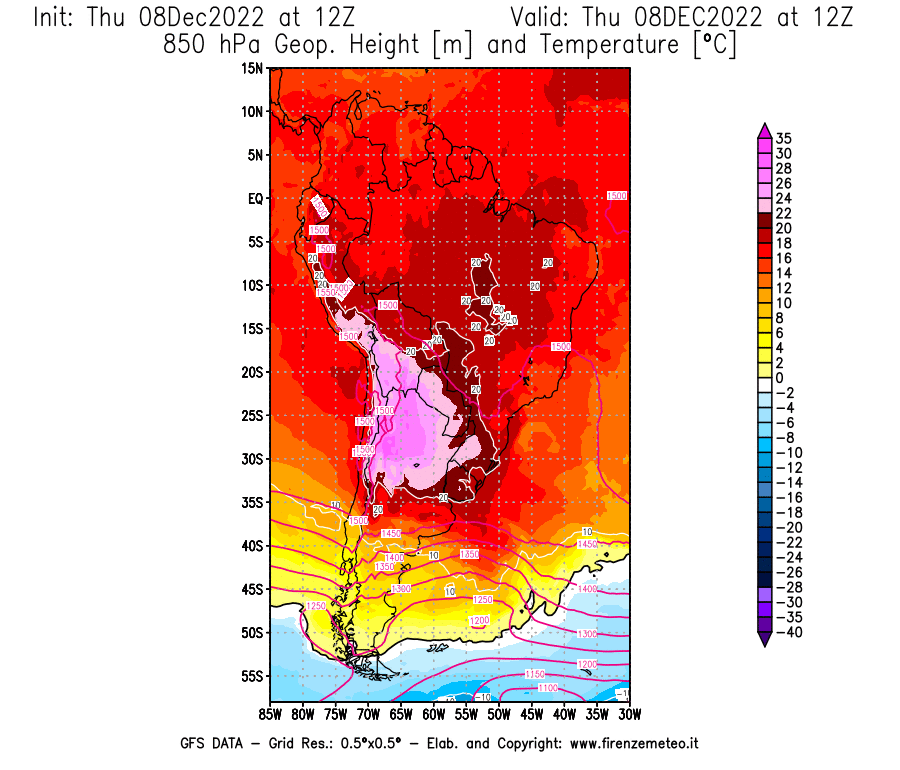 Mappa di analisi GFS - Geopotenziale [m] e Temperatura [°C] a 850 hPa in Sud-America
							del 08/12/2022 12 <!--googleoff: index-->UTC<!--googleon: index-->
