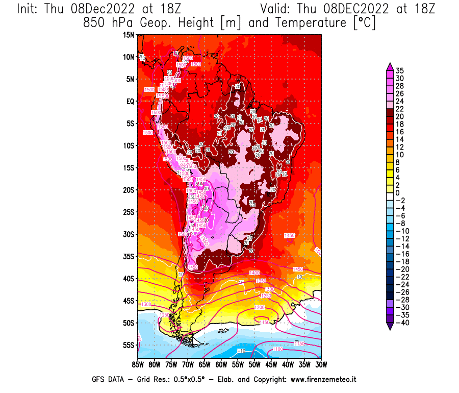 Mappa di analisi GFS - Geopotenziale [m] e Temperatura [°C] a 850 hPa in Sud-America
							del 08/12/2022 18 <!--googleoff: index-->UTC<!--googleon: index-->