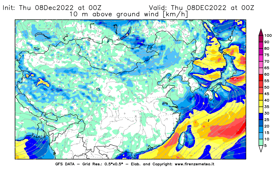 Mappa di analisi GFS - Velocità del vento a 10 metri dal suolo [km/h] in Asia Orientale
							del 08/12/2022 00 <!--googleoff: index-->UTC<!--googleon: index-->