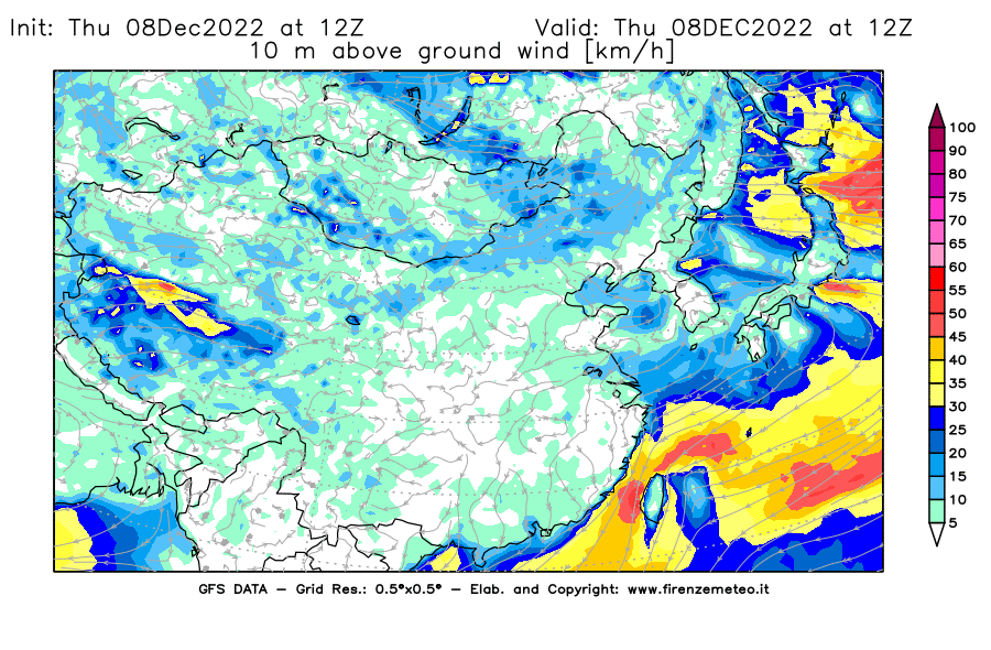Mappa di analisi GFS - Velocità del vento a 10 metri dal suolo [km/h] in Asia Orientale
							del 08/12/2022 12 <!--googleoff: index-->UTC<!--googleon: index-->