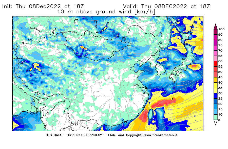 Mappa di analisi GFS - Velocità del vento a 10 metri dal suolo [km/h] in Asia Orientale
							del 08/12/2022 18 <!--googleoff: index-->UTC<!--googleon: index-->