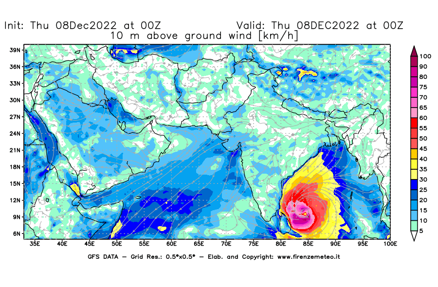 Mappa di analisi GFS - Velocità del vento a 10 metri dal suolo [km/h] in Asia Sud-Occidentale
							del 08/12/2022 00 <!--googleoff: index-->UTC<!--googleon: index-->
