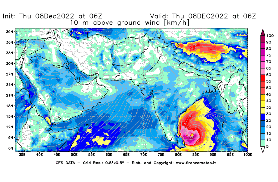 Mappa di analisi GFS - Velocità del vento a 10 metri dal suolo [km/h] in Asia Sud-Occidentale
							del 08/12/2022 06 <!--googleoff: index-->UTC<!--googleon: index-->